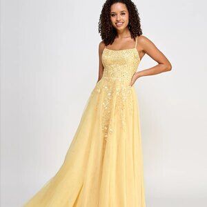 Say Yes Juniors' Embellished Lace-Up Mesh Gown Lemon Size 5/6